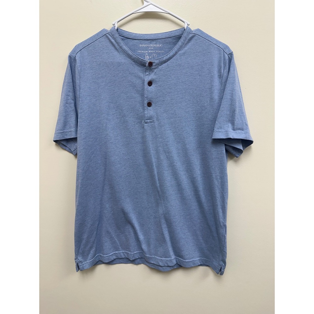 Banana Republic Mens Premium Wash Henley Shirt Blue Short Sleeve Medium
